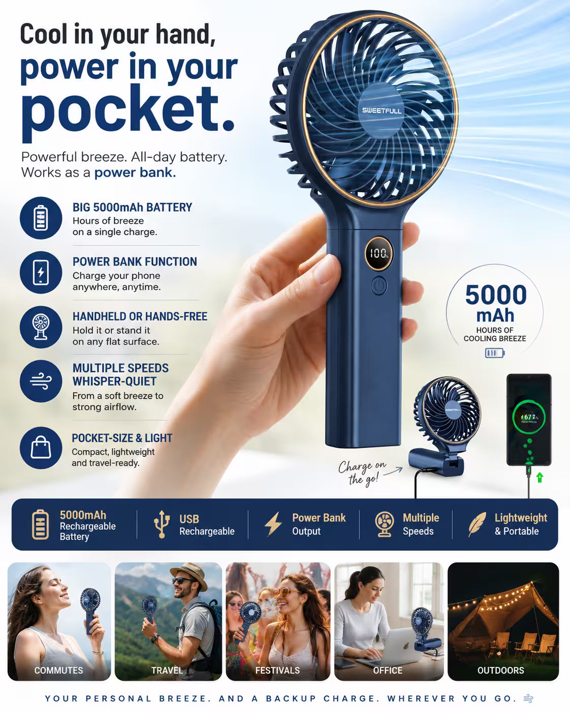 AeroGo Handheld Fan Cooling + Power Bank