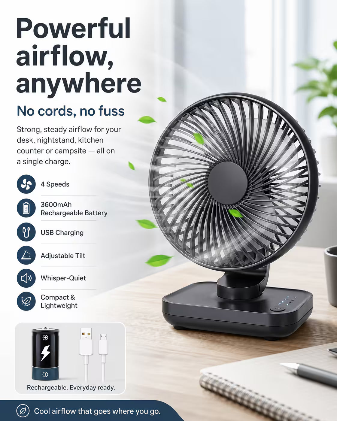 Rechargeable Cordless Desk Fan 4-Speed